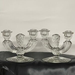 Pair Of Vintage Tiffin Glass Double Candlestick Holders Etched Floral‎ Clear EUC